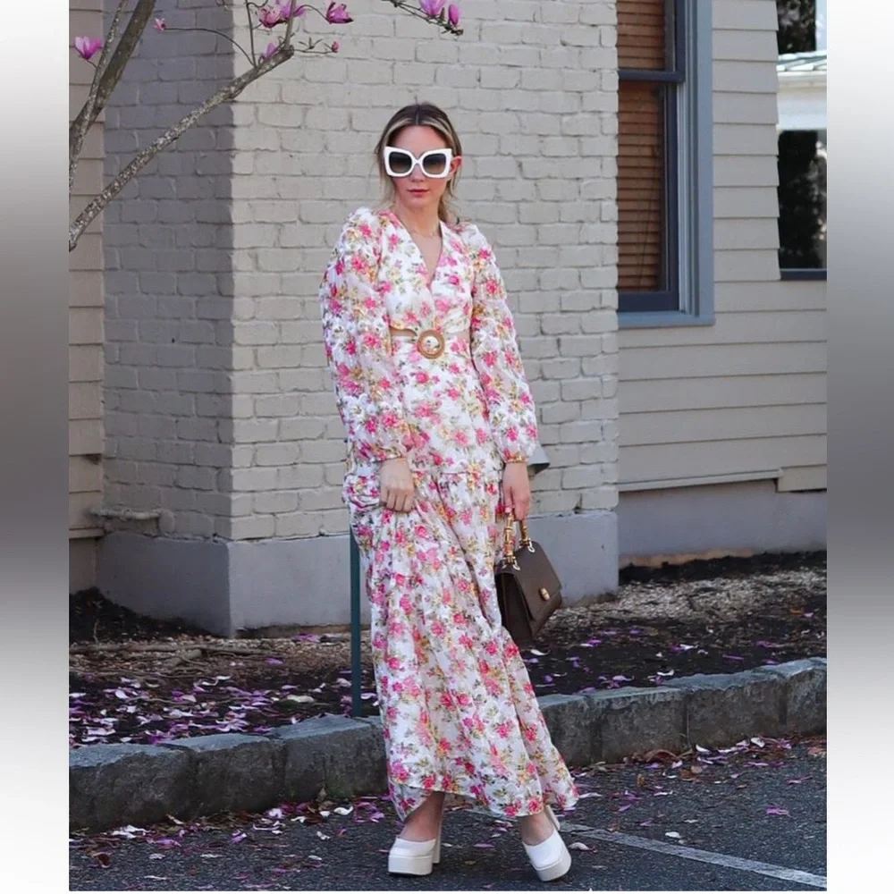 NWT GIANNI BINI Lillian Floral Print Long Sleeve Deep V-Neck Cut-Out Tiered dres - Picture 2 of 10